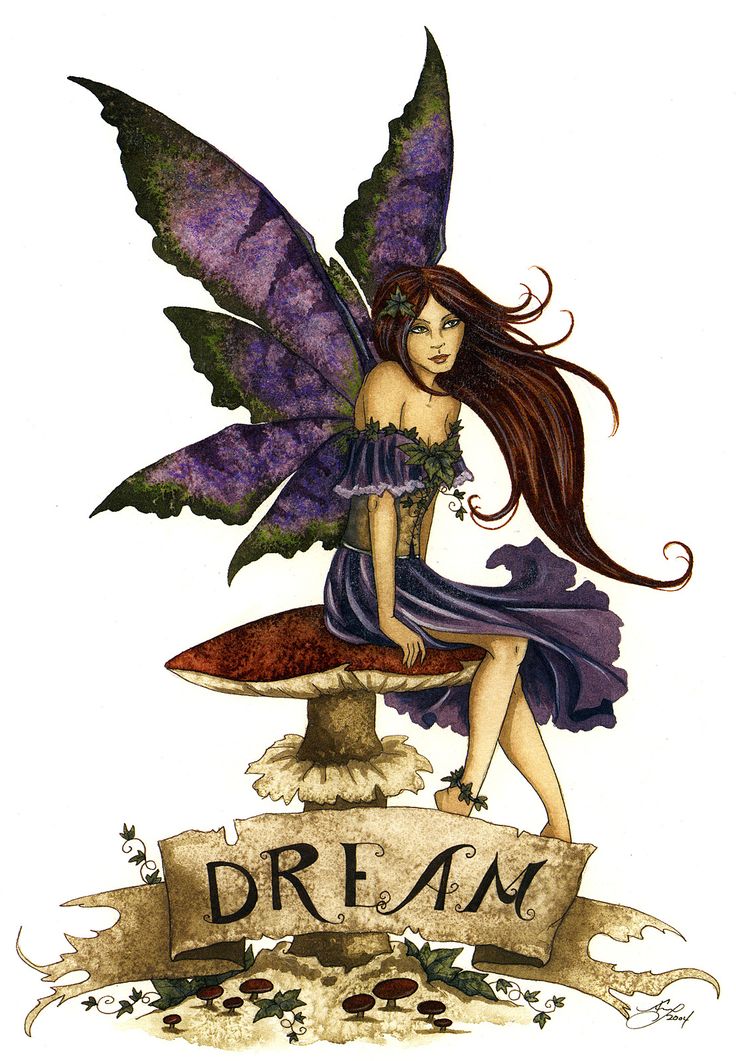 Line drawing with watercolor of modern style fairy with purple wings and long dark hair sitting on a mushroom. 