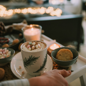 A person is holding a tray containing a lit candle, a cup of hot cocoa with mutli-colored marshmallows, and a cookie. There are twinkle lights blurred in the background.