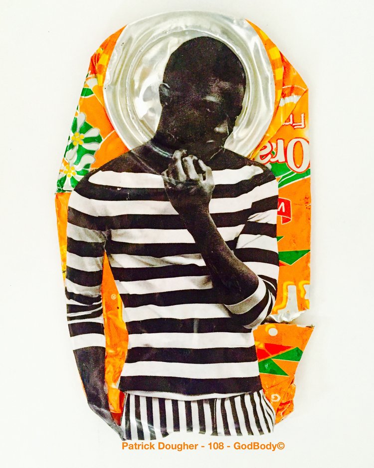 Found Object collage using colorful soda pop can with black and white graphic of African youth