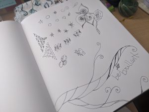 Julie's art journal geometric and floral doodles in black and white ink