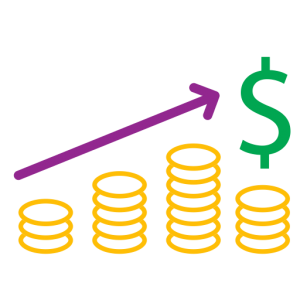 cartoon graphic of purple arrow rising towards green money symbol over stacks of coins of various heights
