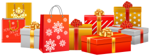 cartoon graphic of red, gold and white holiday present boxes and bags 