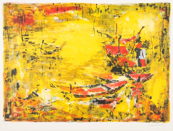 lithograph with red boats and yellow background