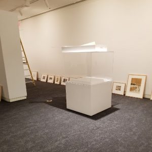 empty display case and framed prints