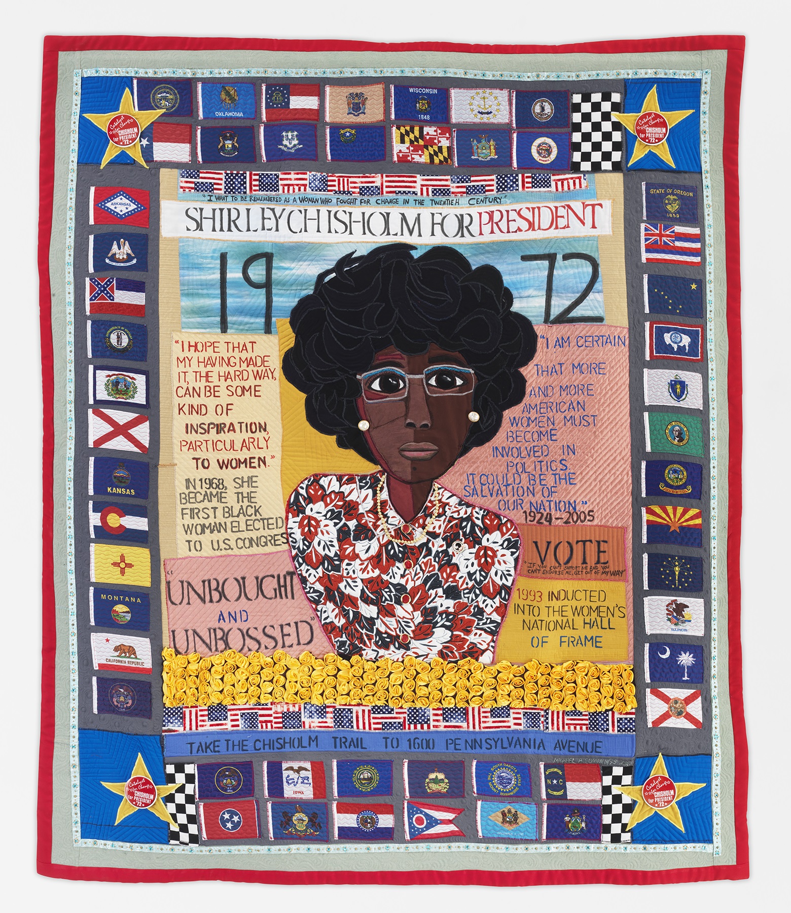 Shirley Chisholm Quilt with text about her political acheivements