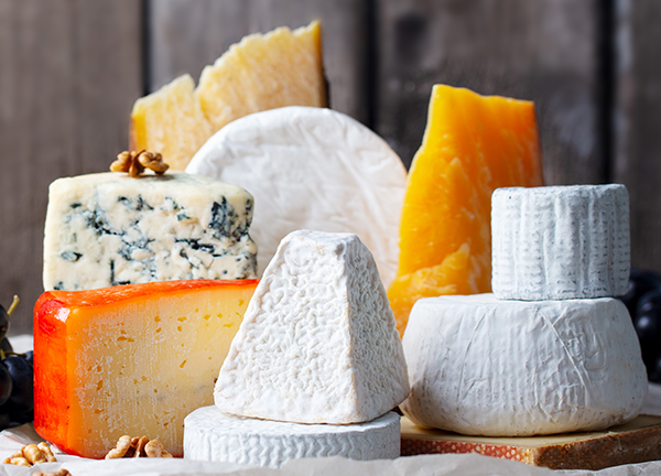 Cheese assortment: blue cheese, hard cheese, soft cheese 