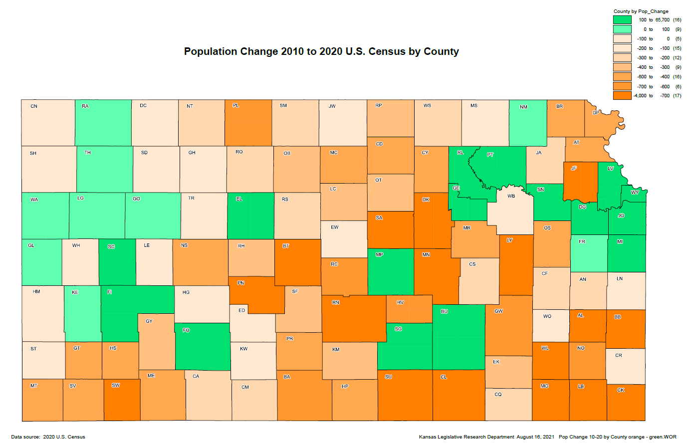 Source: http://www.kslegresearch.org/KLRD-web/Publications/Redistricting/Kansas-Population-Change-2010-2020-by-County.pdf Map showing counties in Kansas and population change 2010-2020