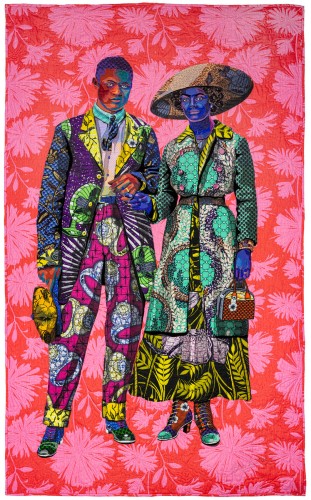 colorful quilt of a man and a woman holding hands