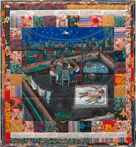 quilt with image of family on rooftop at night