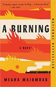 book cover showing graphics of flames and a train