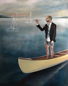 painting of a man standing in a canoe on lake painting sailboats