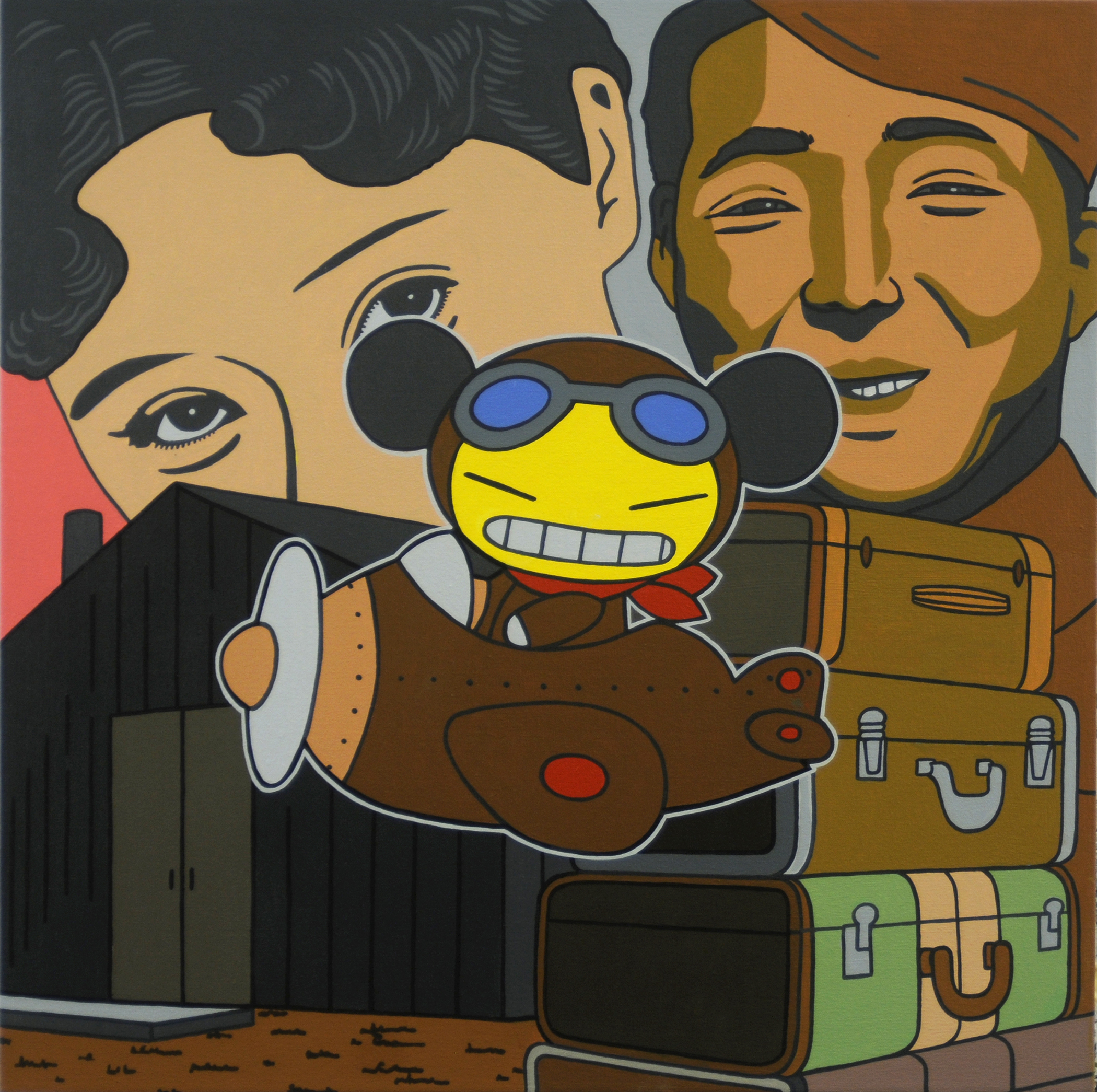 painting of two Japanese people and a stereotyped Japanese fighter pilot