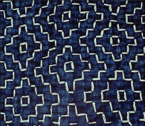 white stitches in geometric pattern on blue cloth