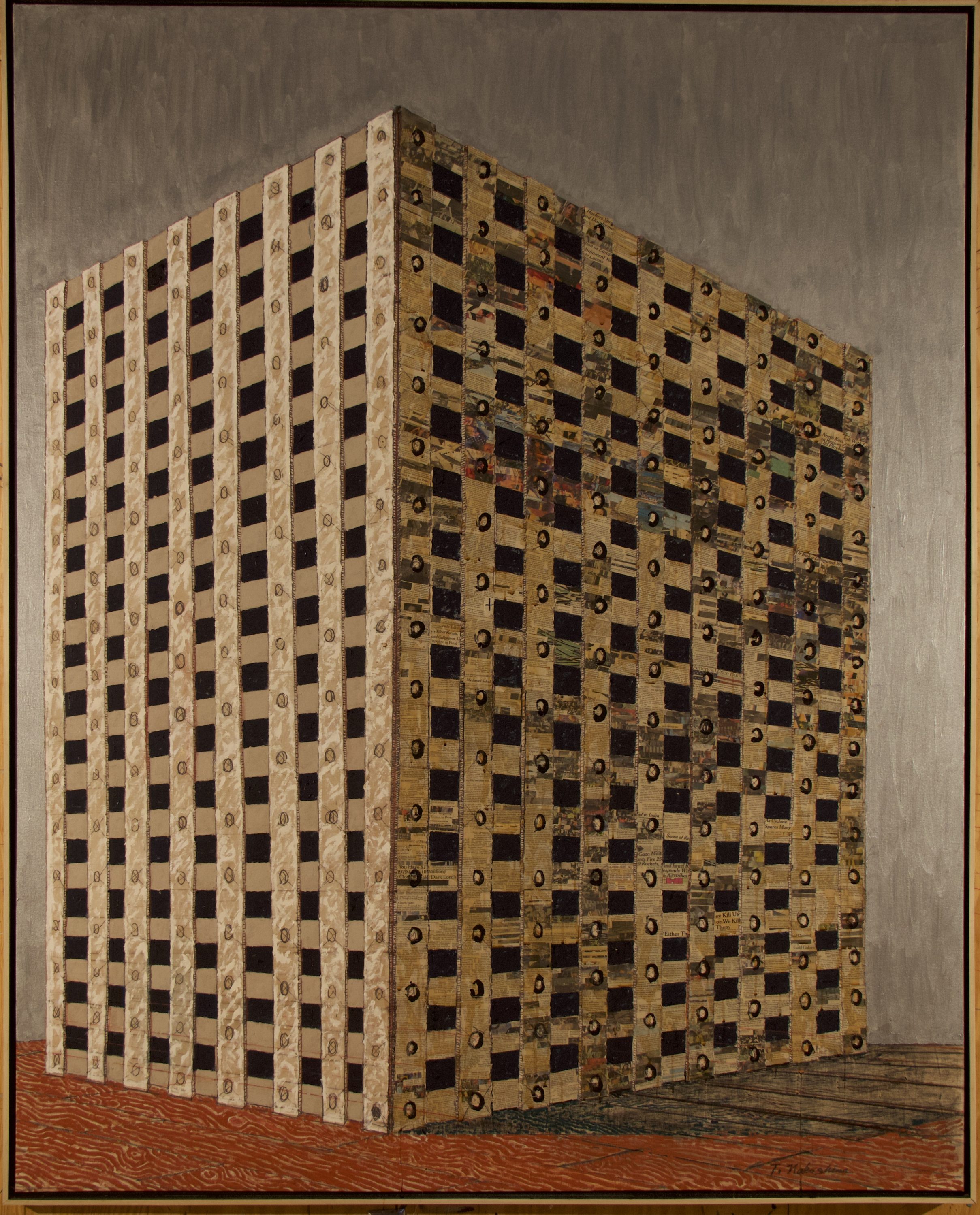 painting of tall jail with many windows in a grid pattern