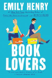 book cover man and woman sitting on suitcases back to back both reading books
