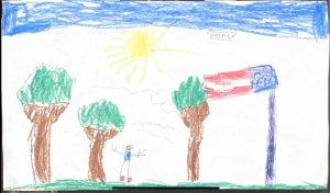 kid drawing blue sky bright sun trees flag and smiling person