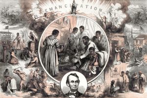 Vintage illustration represents the emancipation of Southern slaves at the end of the American Civil War. This image contrasts the life of a slave and that of a free man's life.