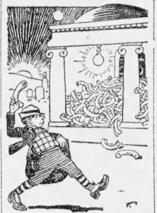 newspaper cartoon of paperboy throwing adding to a stack of papers outside a mausoleum