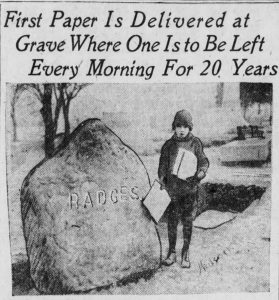 picture of a newsboy deliverying a paper to Radgers grave