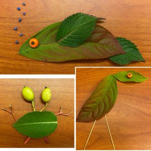 fish, crab and bird made from leaves and berries