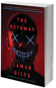 book cover dark red and black closeup of a face with x's drawn on eyes and a drawn on smile