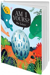 book cover cartoon dinosaurs looking at a giant egg