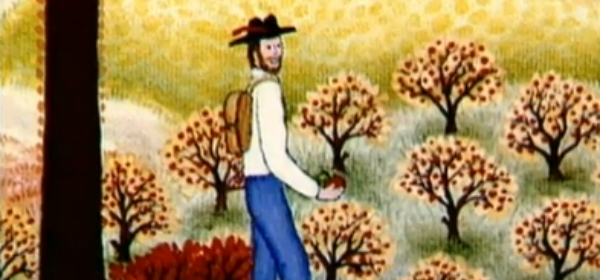 Painting of Johnny Appleseed in an orchard