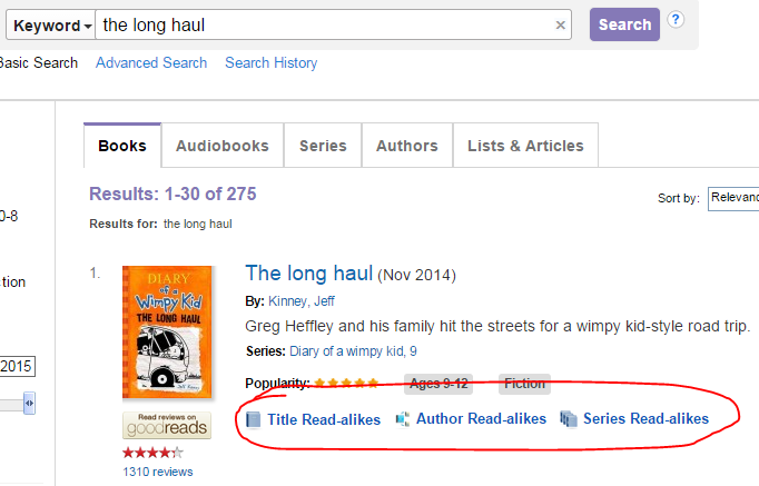 Screen shot from Novelist search for "The Long Haul"