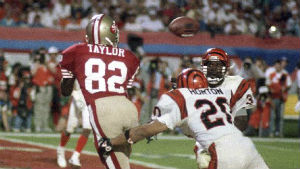 John Taylor prepares to haul in the game winning touchdown of Super Bowl XXIII